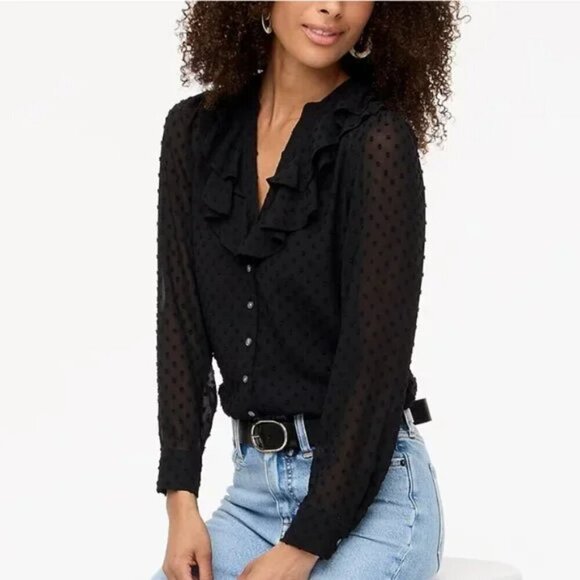 J. Crew Tops - J. Crew Black Clip-dot ruffle button-up shirt M